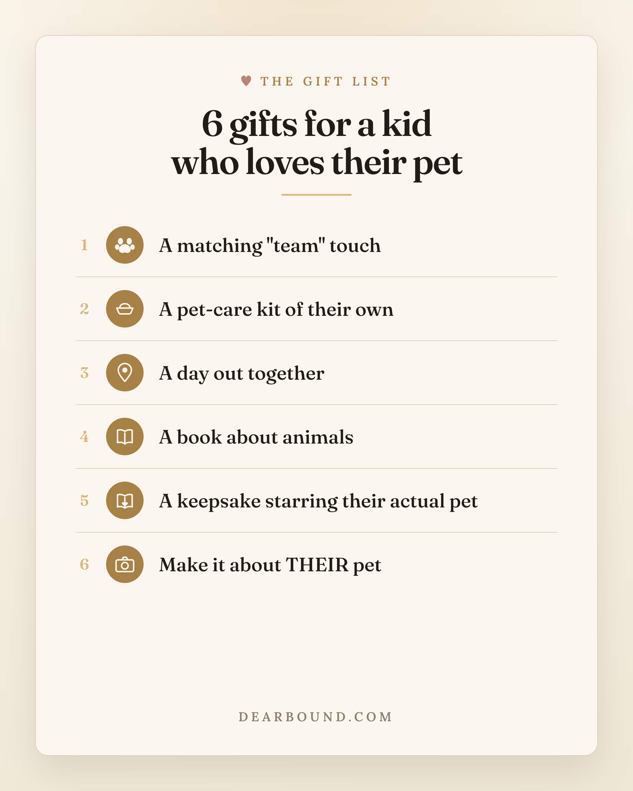 A checklist card titled '6 gifts for a kid who loves their pet': a matching team touch, a pet-care kit of their own, a day out together, a book about animals, a keepsake starring their actual pet, and make it about THEIR pet.