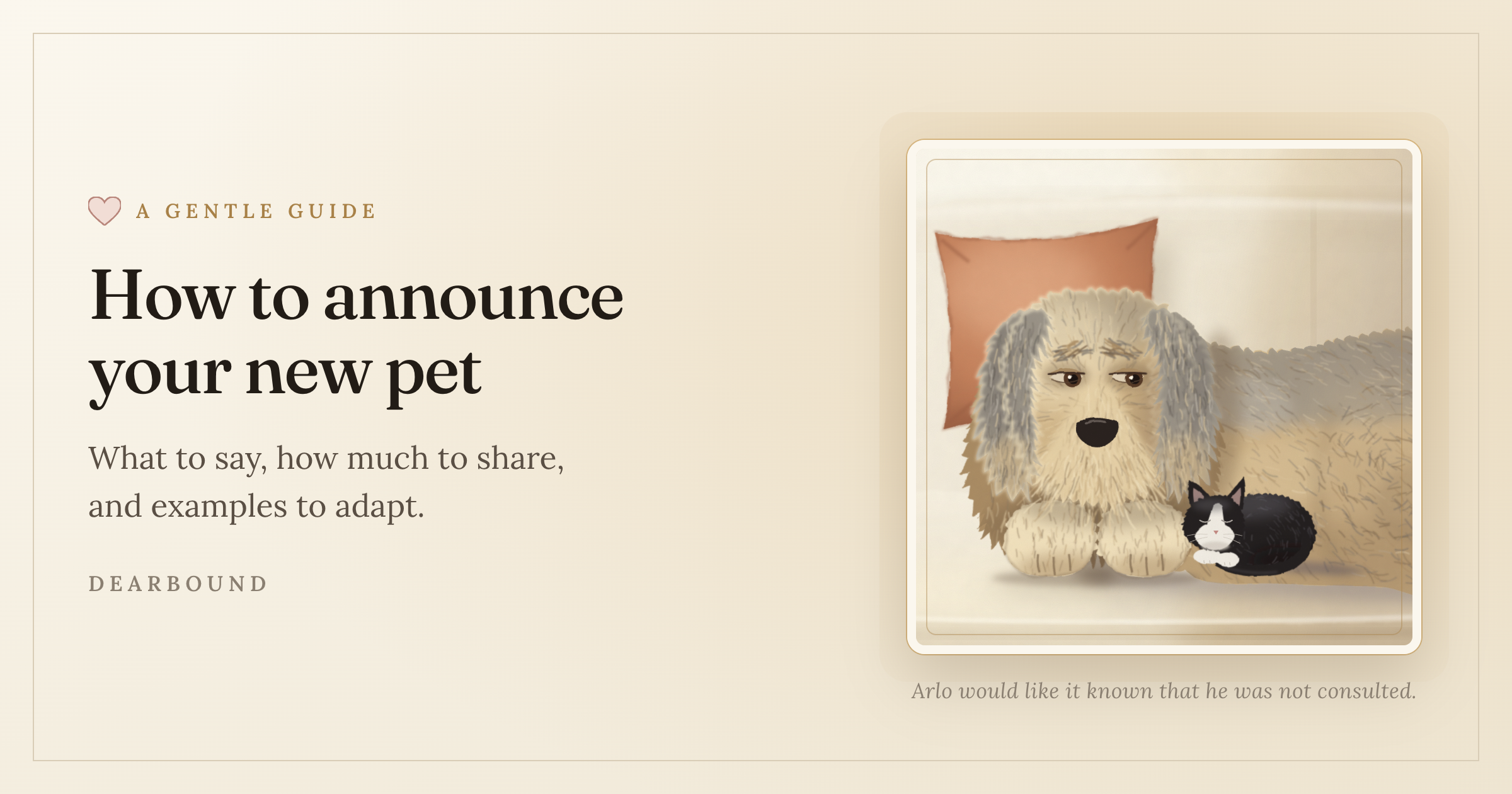 A warm illustration of a big, shaggy oatmeal-and-grey dog lying on a sofa facing us, chin down on his front paws, giving a heavy-lidded, long-suffering sideways look to the tiny black-and-white kitten curled up asleep against his paw and flank, with a terracotta cushion behind his head, in bright, soft light, beside the title 'How to announce your new pet,' in Dearbound's cream and gold celebration palette.