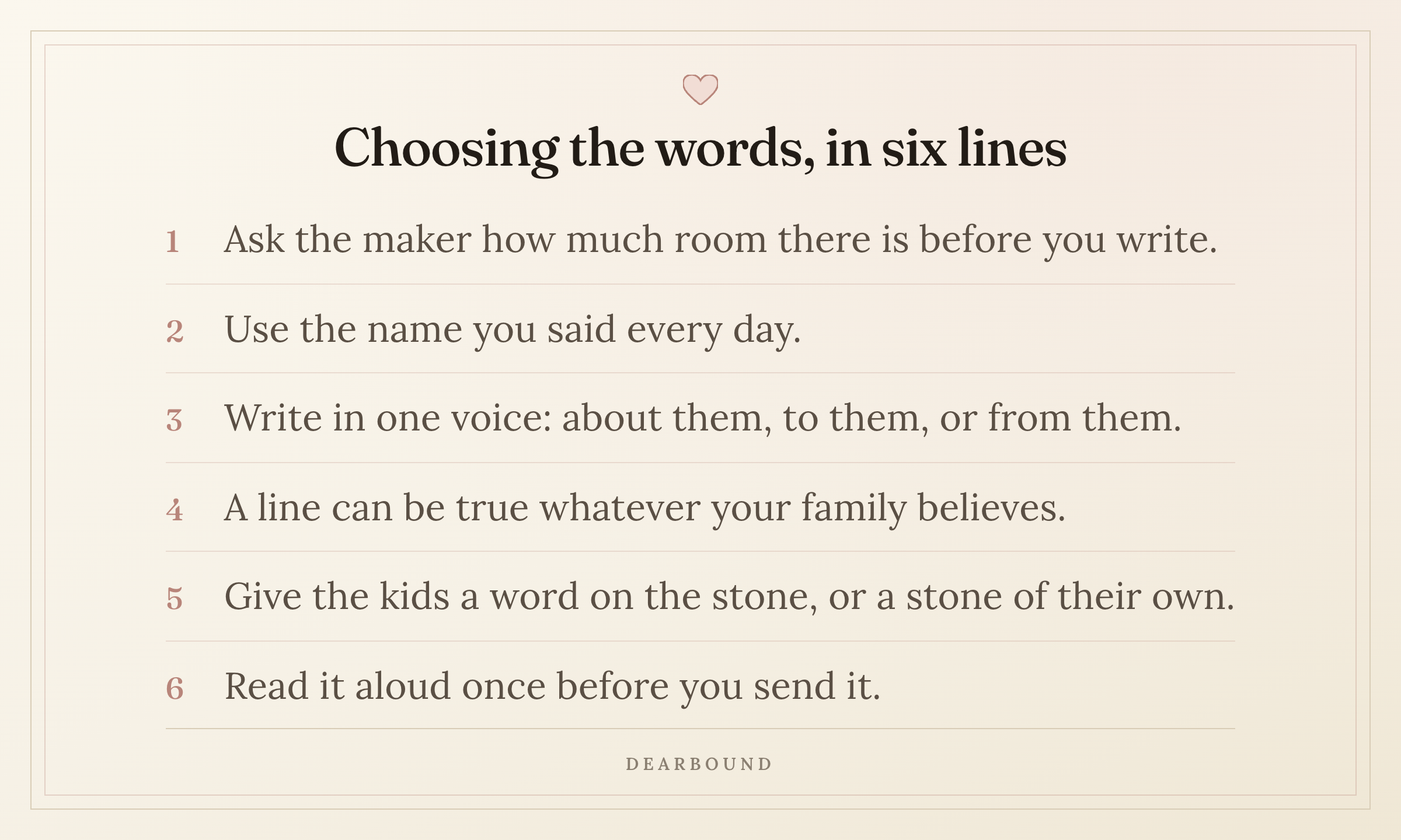 A card titled 'Choosing the words, in six lines', with six numbered lines: ask the maker how much room there is before you write; use the name you said every day; write in one voice, about them, to them, or from them; a line can be true whatever your family believes; give the kids a word on the stone, or a stone of their own; read it aloud once before you send it.
