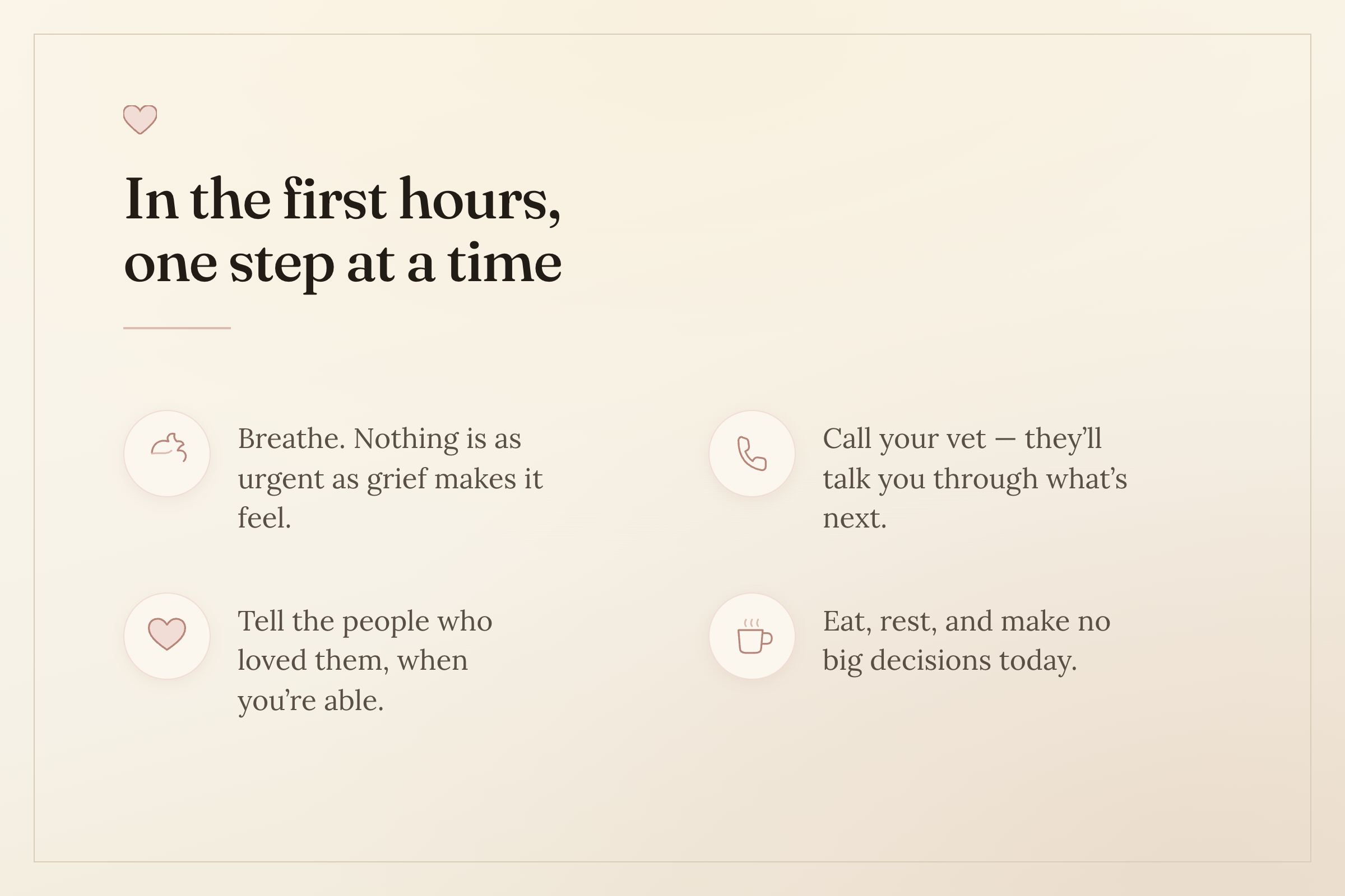 A calm reminder card titled 'In the first hours, one step at a time': breathe, call your vet, tell the people who loved them, and eat, rest, and make no big decisions today — in Dearbound's cream and rose palette.