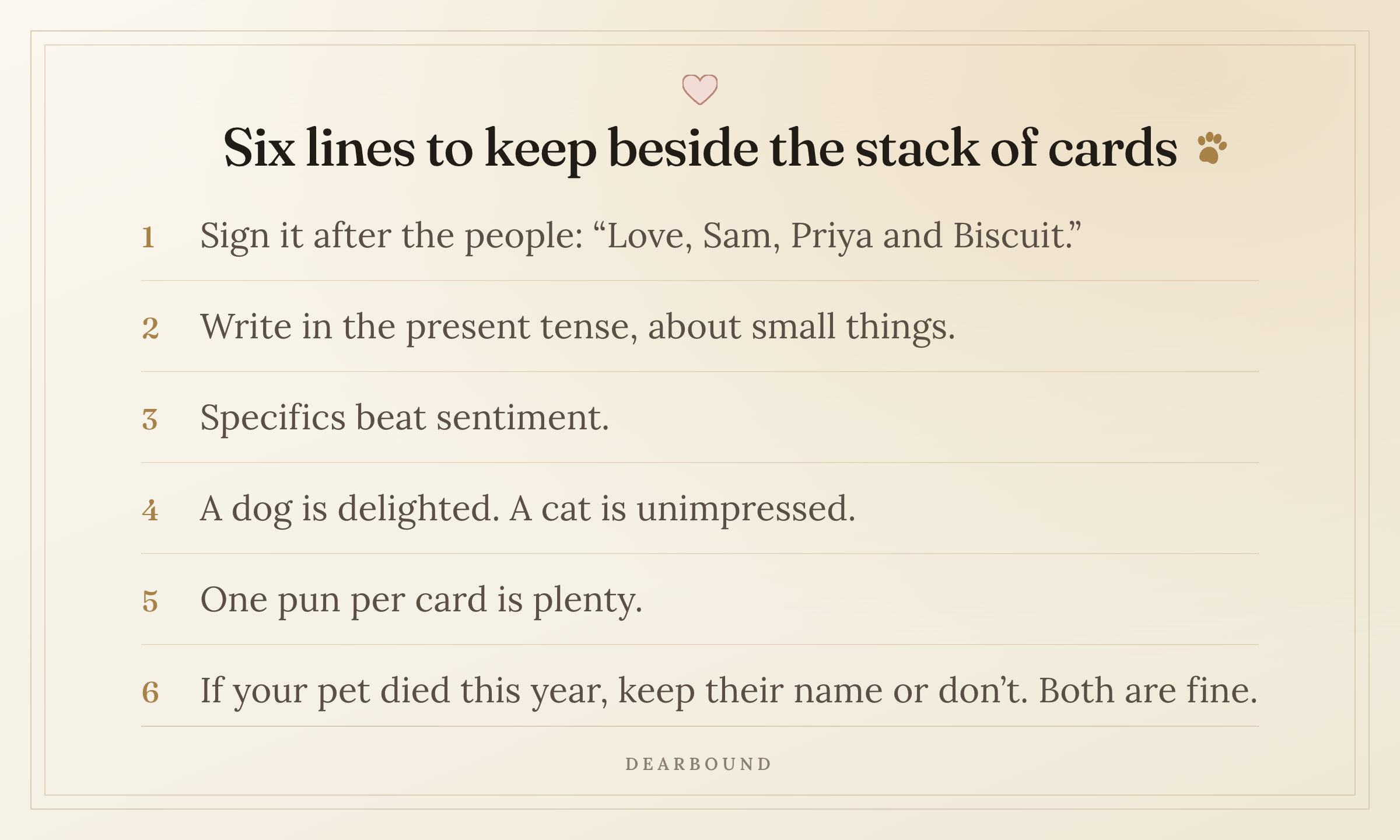 A card titled 'Six lines to keep beside the stack of cards', with six numbered lines: sign it after the people, 'Love, Sam, Priya and Biscuit.'; write in the present tense, about small things; specifics beat sentiment; a dog is delighted, a cat is unimpressed; one pun per card is plenty; if your pet died this year, keep their name or don't, both are fine.