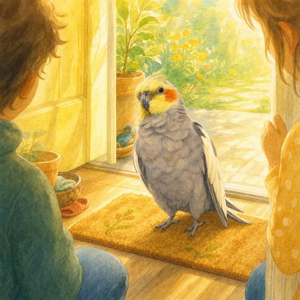 Welcome Home — a gotcha-day storybook cover painted from a pet's photo